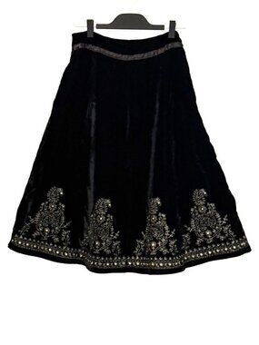 Vintage Carole Little Black Velvet Beaded Embroidered Skirt Size 8 Boho
